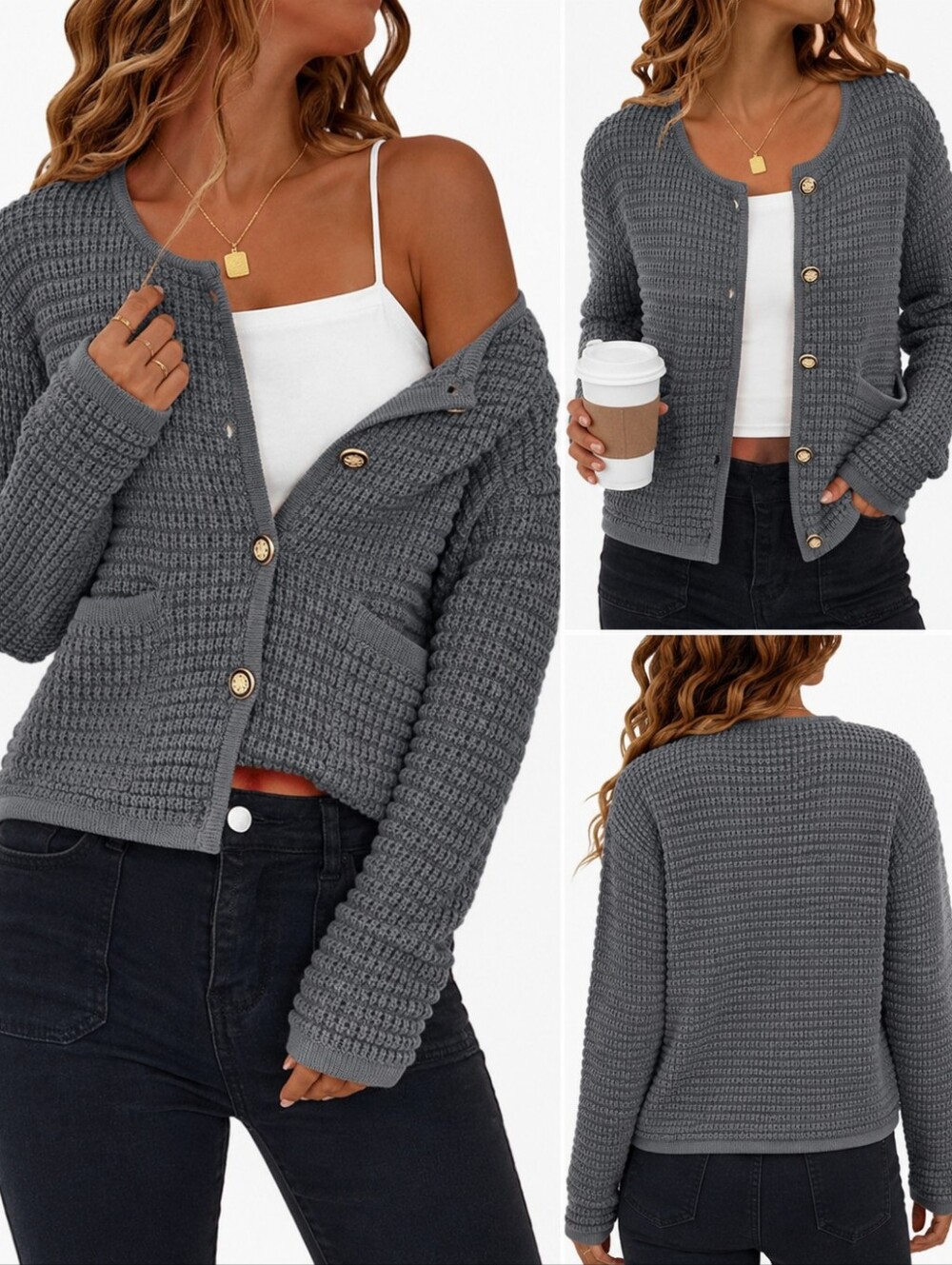 Pretty Garden Women’s Chunky Knit Button Cardigan Sweater - Gray Size XL